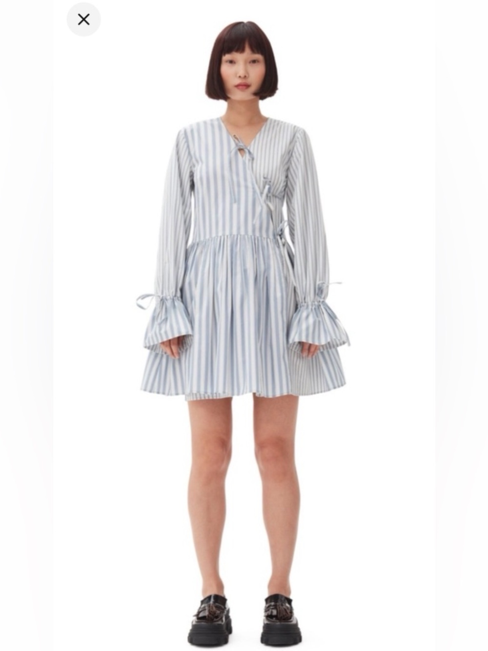 GANNI Striped Blue and White Long-Sleeve Mini Dress- EU48/ US18